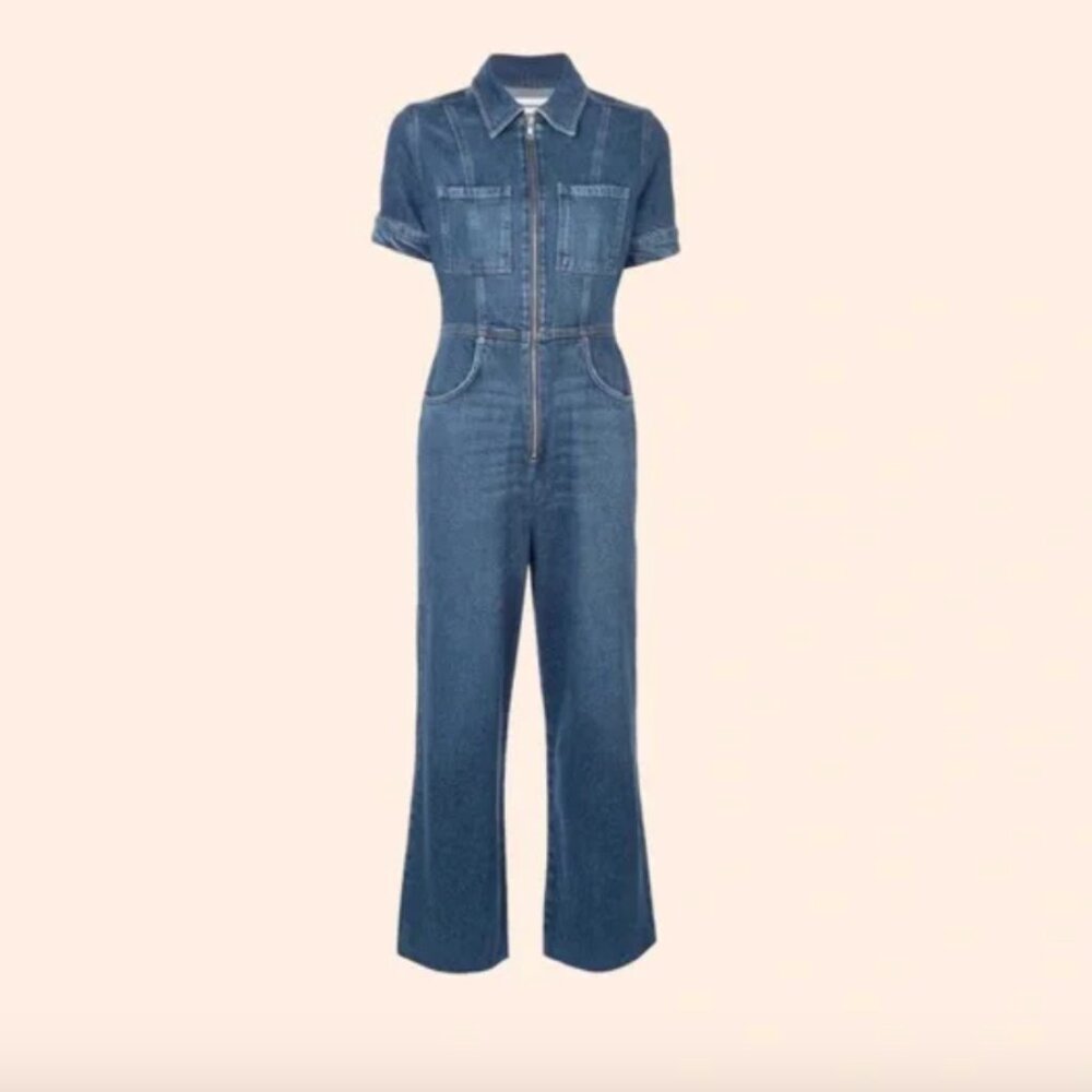 Reformation Dark Denim jumpsuit wide leg patch pockets short sleeve